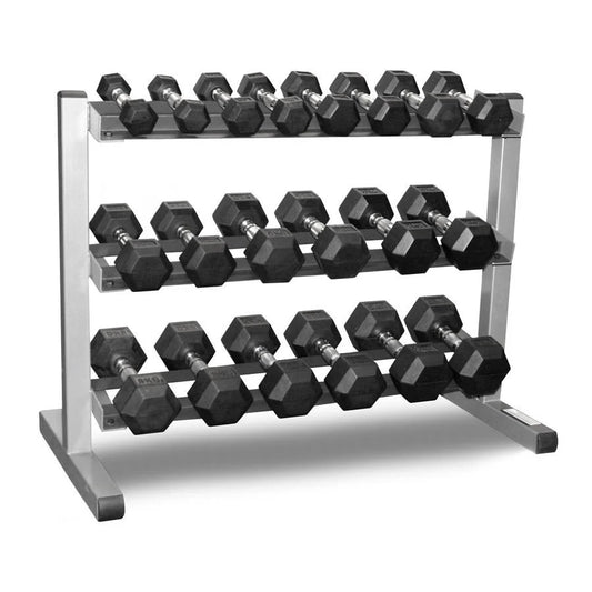 1–25kg Rubber Hex Dumbbell Set with 3-Tier Rack
