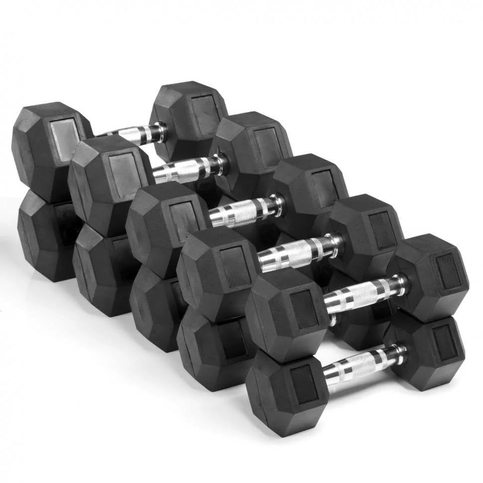 Rubber Hex Dumbbell Set (10–20kg, 5 Pairs)