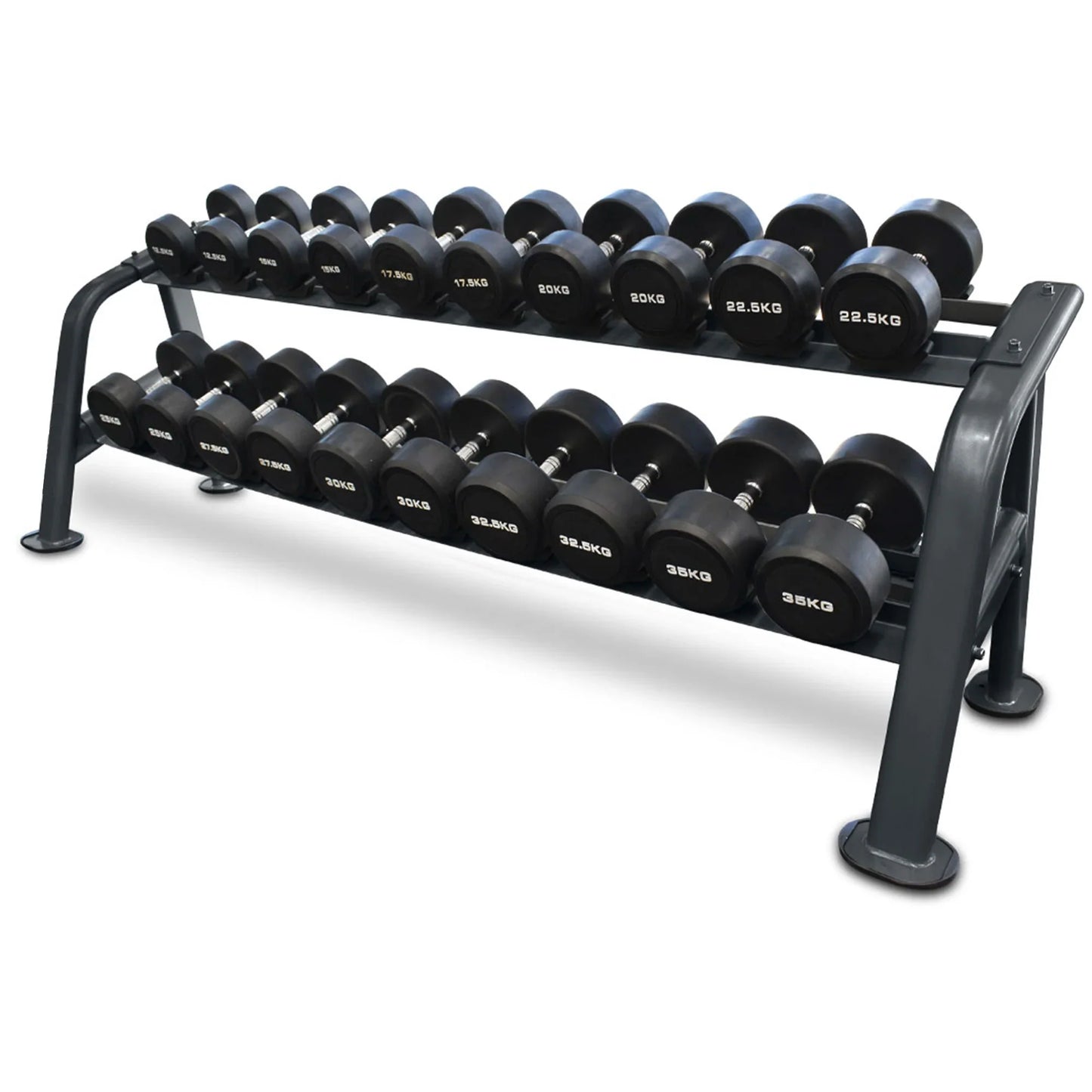 Rubber Coated Round Dumbbell Set with 2-Tier Rack (10–40kg, 10 Pairs)